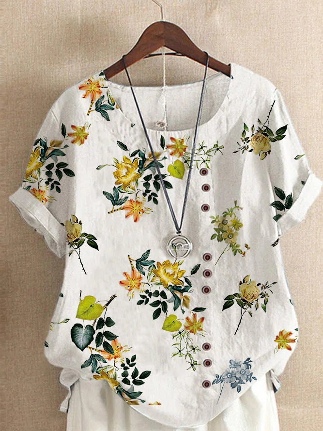 Blouse Casual for Fashion Loose Patterned Short-sleeved Retro Blouse Summer