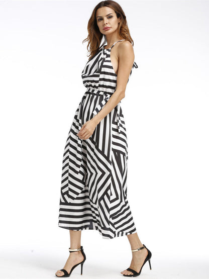 Striped in Waist Black Halter and Gown Empire White