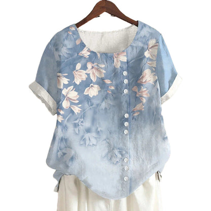 Blouse Casual for Fashion Loose Patterned Short-sleeved Retro Blouse Summer