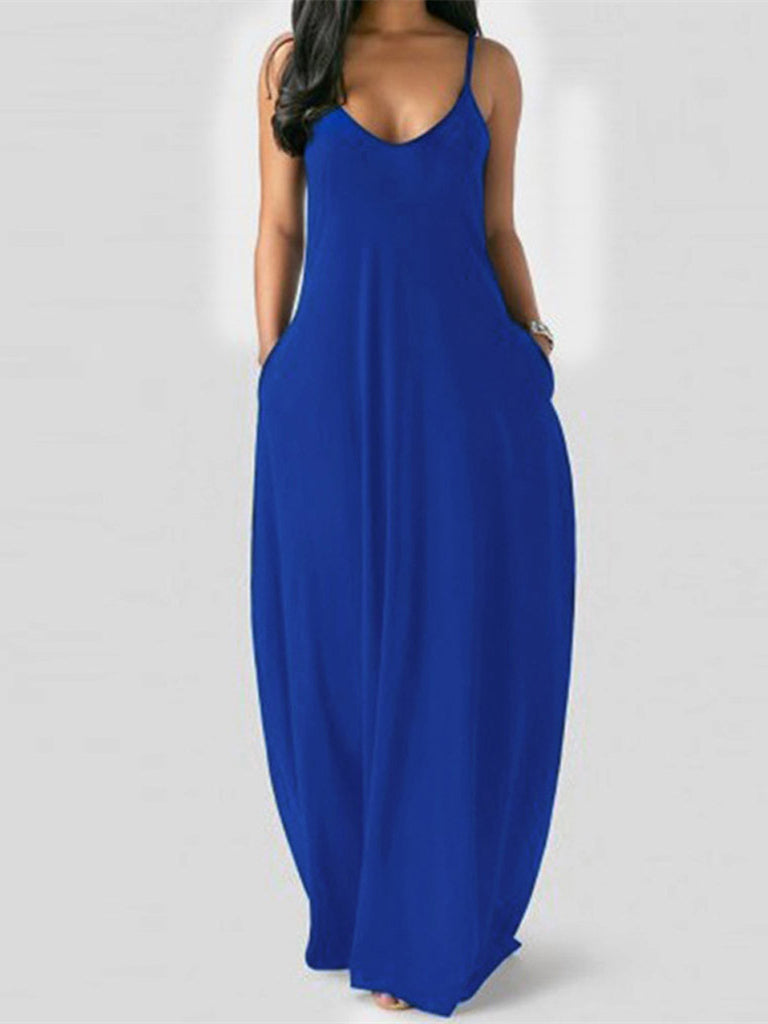 Blue Maxi Dress with Slant Pockets