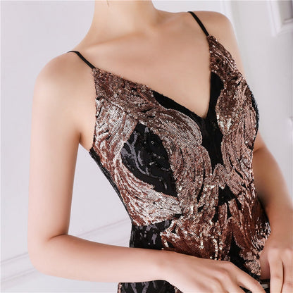 Wings Pattern Sequin Charming Mesh Strappy Gown