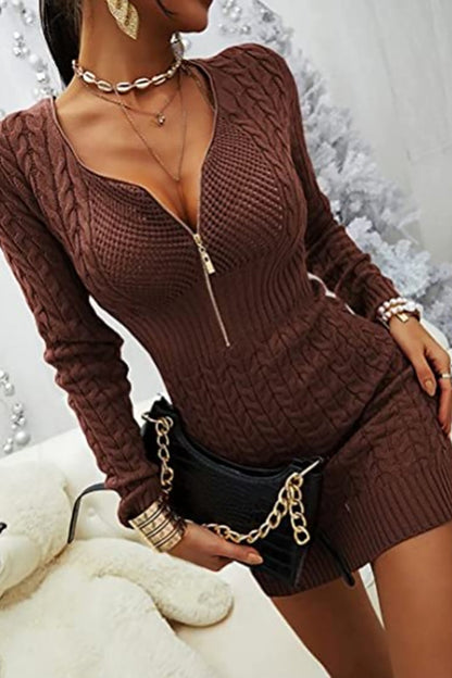 Zipper V Neck Bodycon Sweater Dress