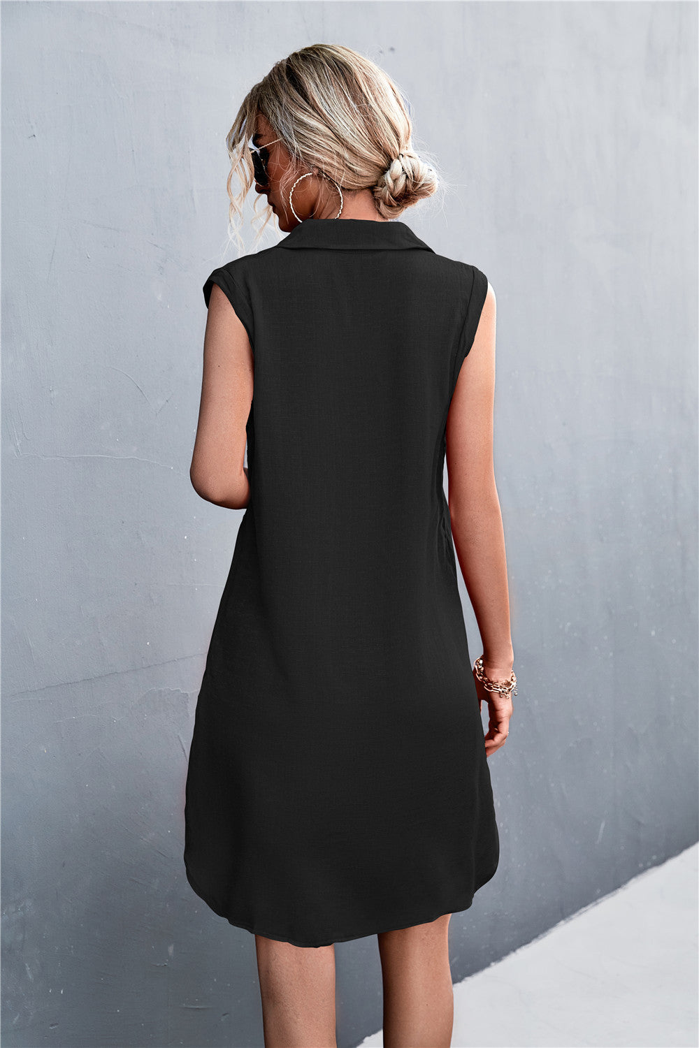 Sleeveless Black Half Button Dress