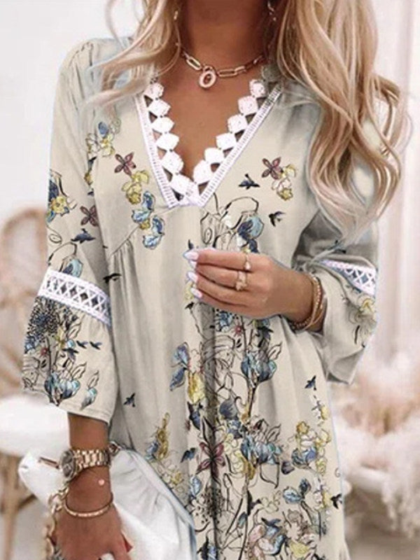 Boho Tunic Swing Dress with 3/4 Sleeves and V Neck