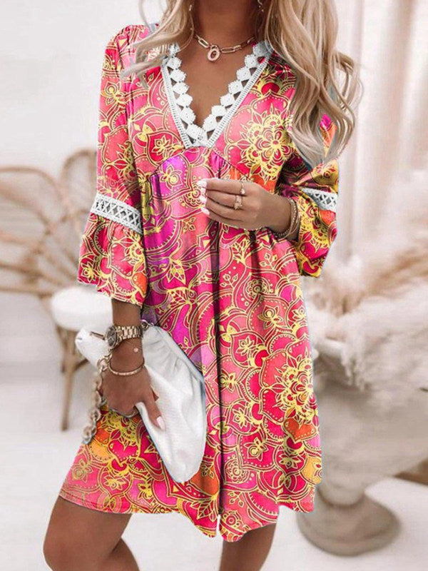 Boho Tunic Swing Dress with 3/4 Sleeves and V Neck