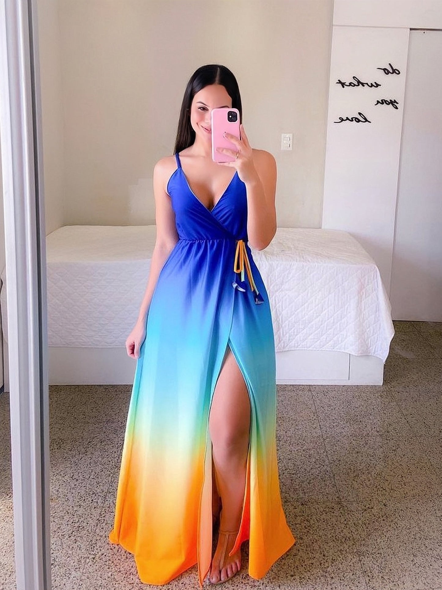 Rainbow Maxi Dress with Button Waist and Printing Slit