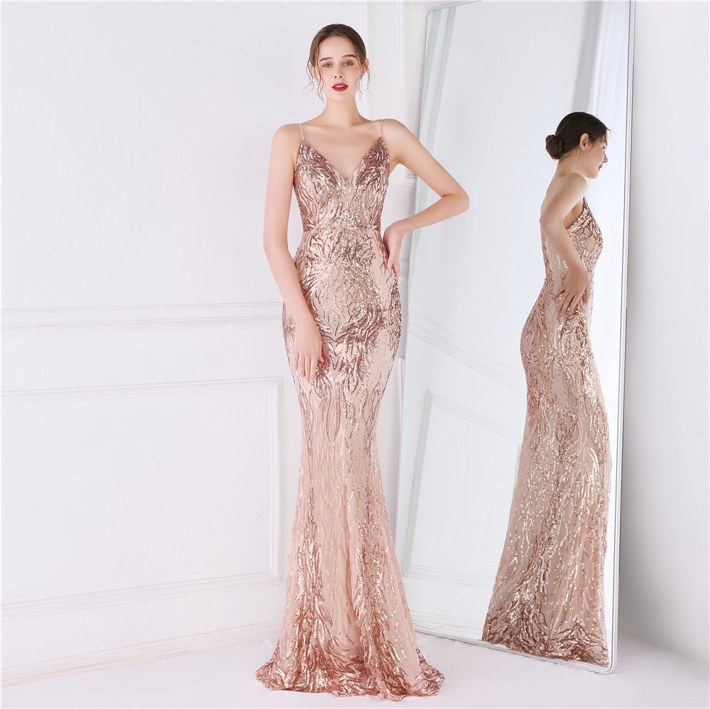 Wings Pattern Sequin Charming Mesh Strappy Gown