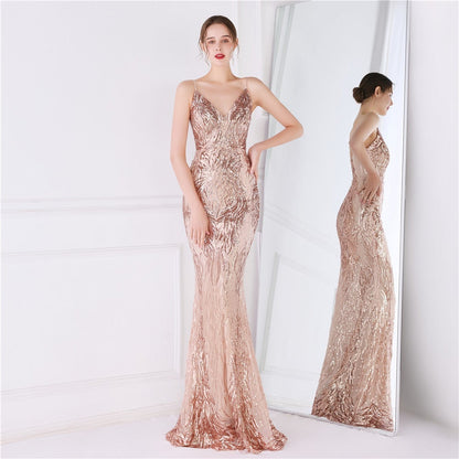 Wings Pattern Sequin Charming Mesh Strappy Gown