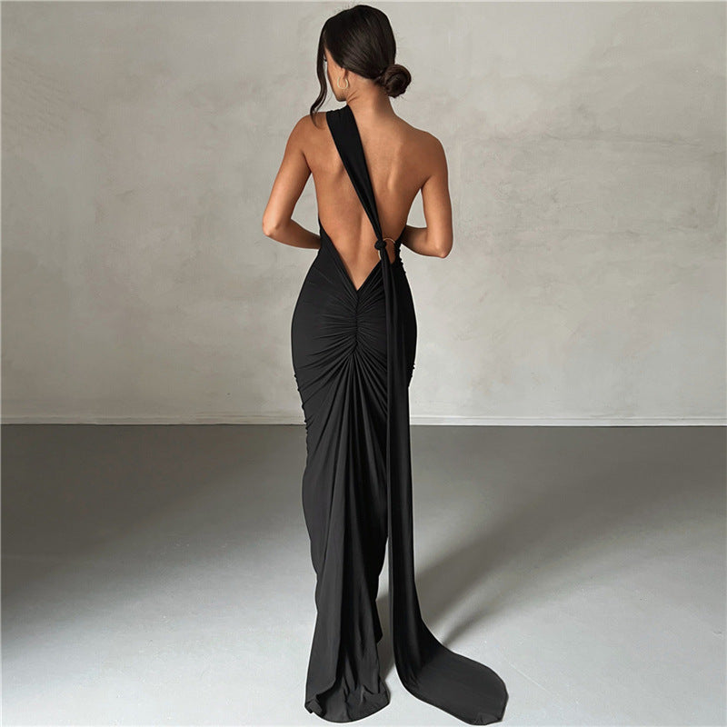 Sophisticated Black Gala Dress with Asymmetrical Neckline