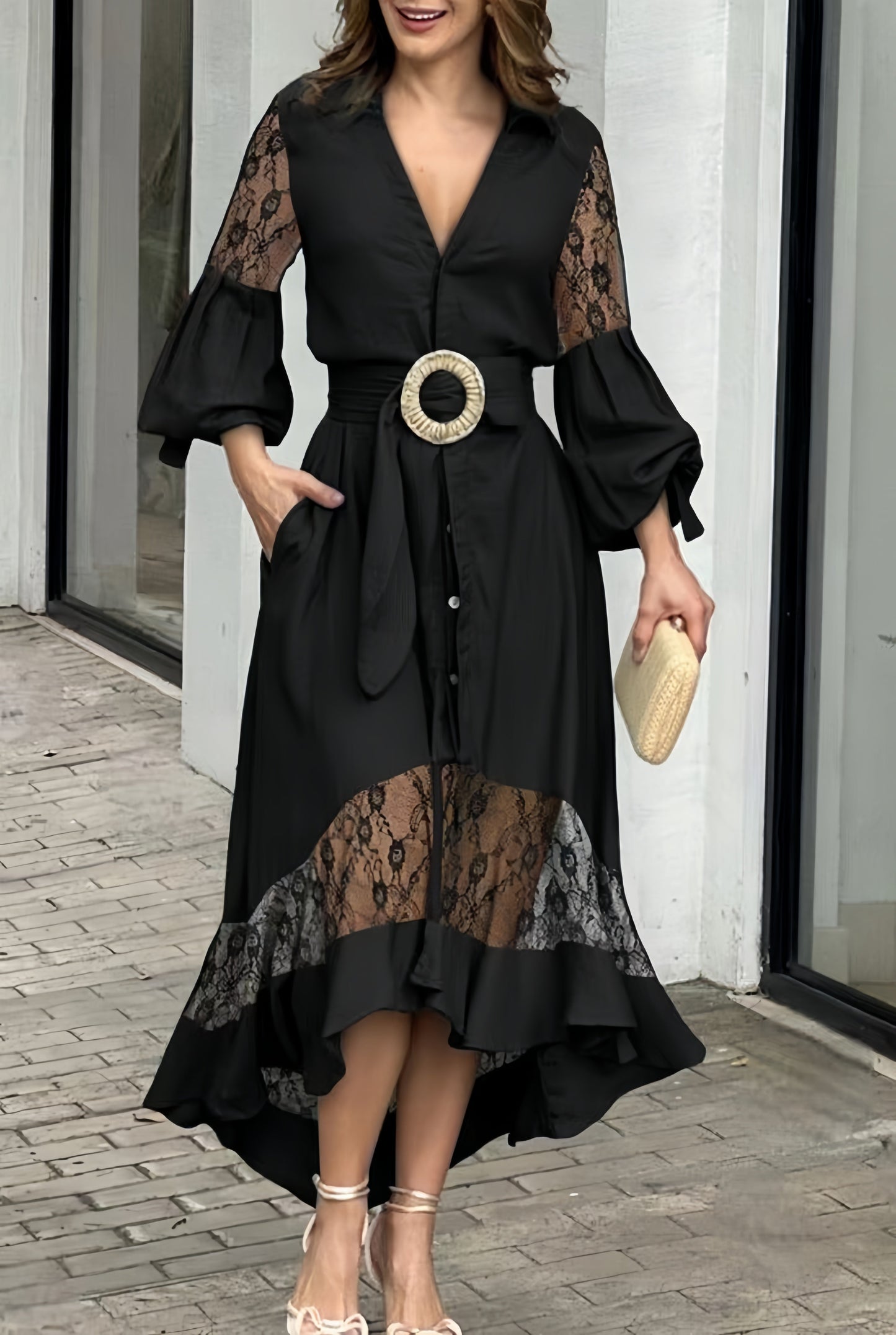 Ruffles Belt V Neck Dress with Long Sleeves