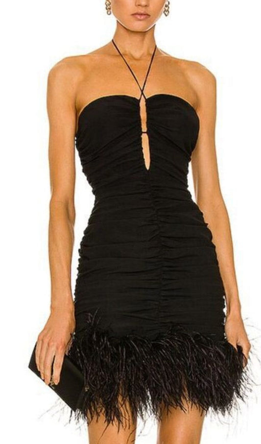 Stretch Off-Shoulder Feather Mini Dress in Black