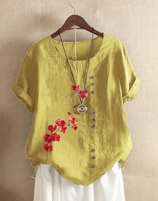 Blouse Casual for Fashion Loose Patterned Short-sleeved Retro Blouse Summer