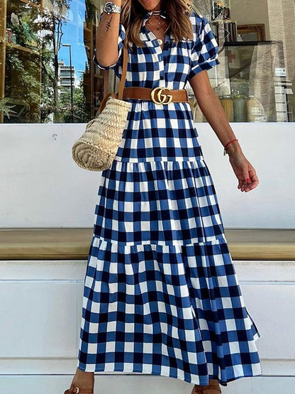 Blue Short Sleeve Button Dress