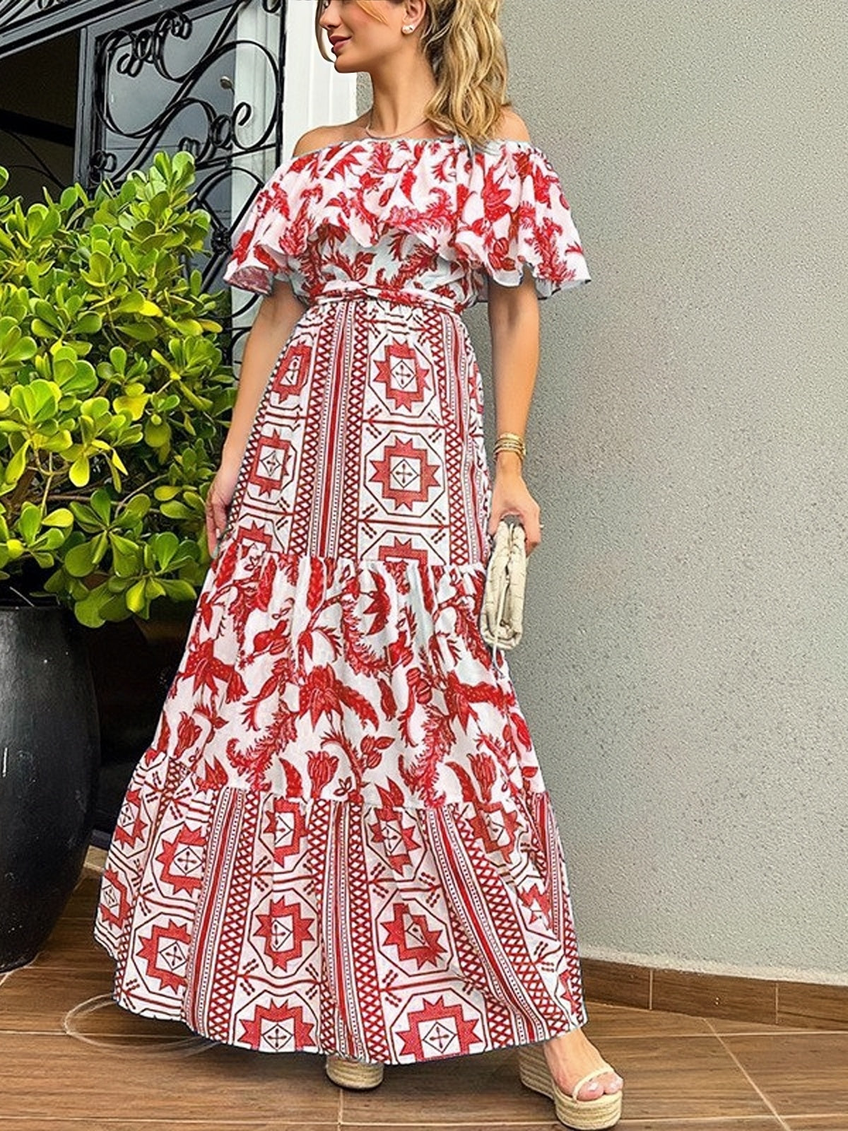 Ruffle Print Off Shoulder Maxi Dress with Geometric Design