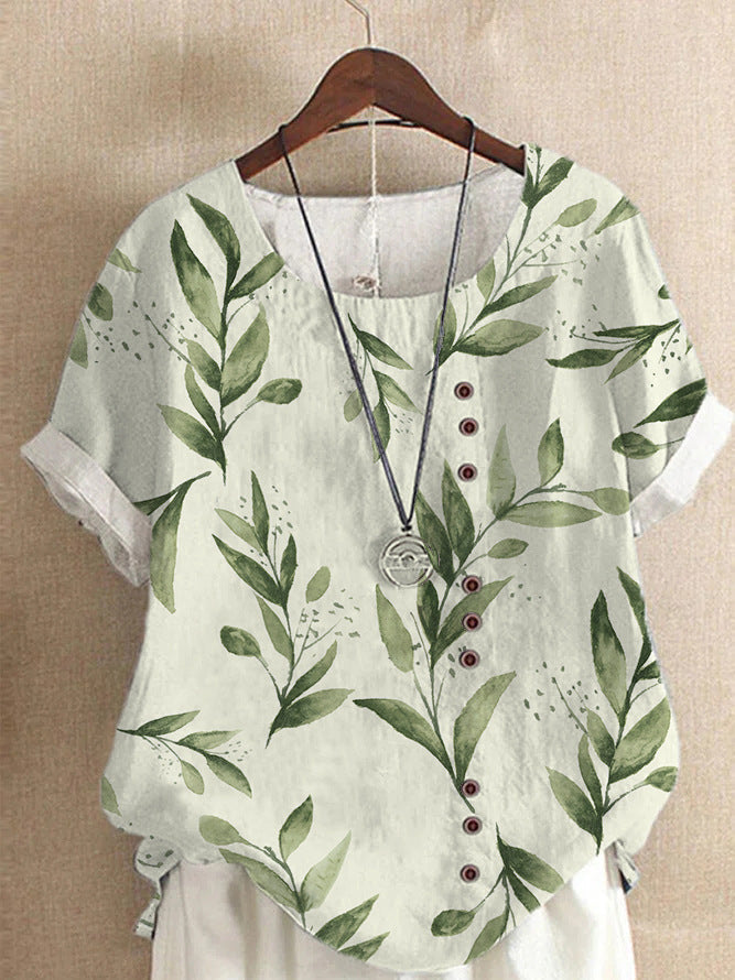 Blouse Casual for Fashion Loose Patterned Short-sleeved Retro Blouse Summer