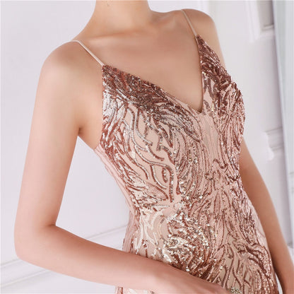 Wings Pattern Sequin Charming Mesh Strappy Gown