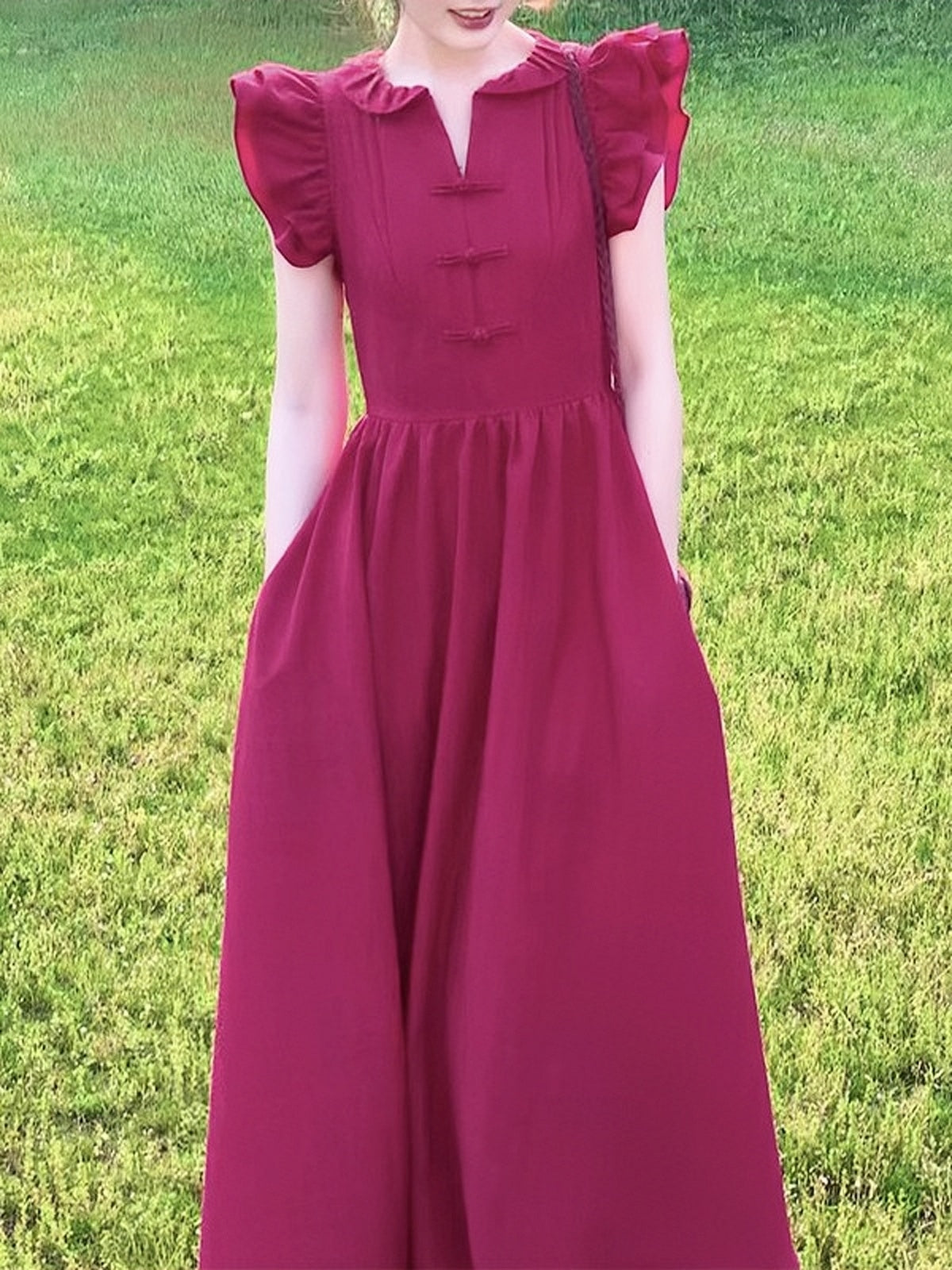 Raspberry Red Summer Dress with Flying Sleeves and Doll Collar