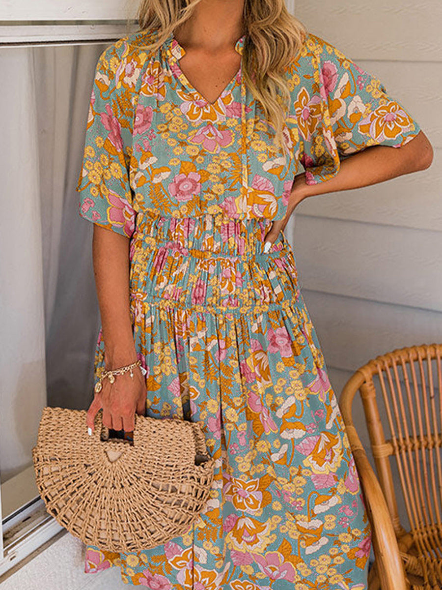 Boho Short Sleeve Floral Dress with Smocked Waist