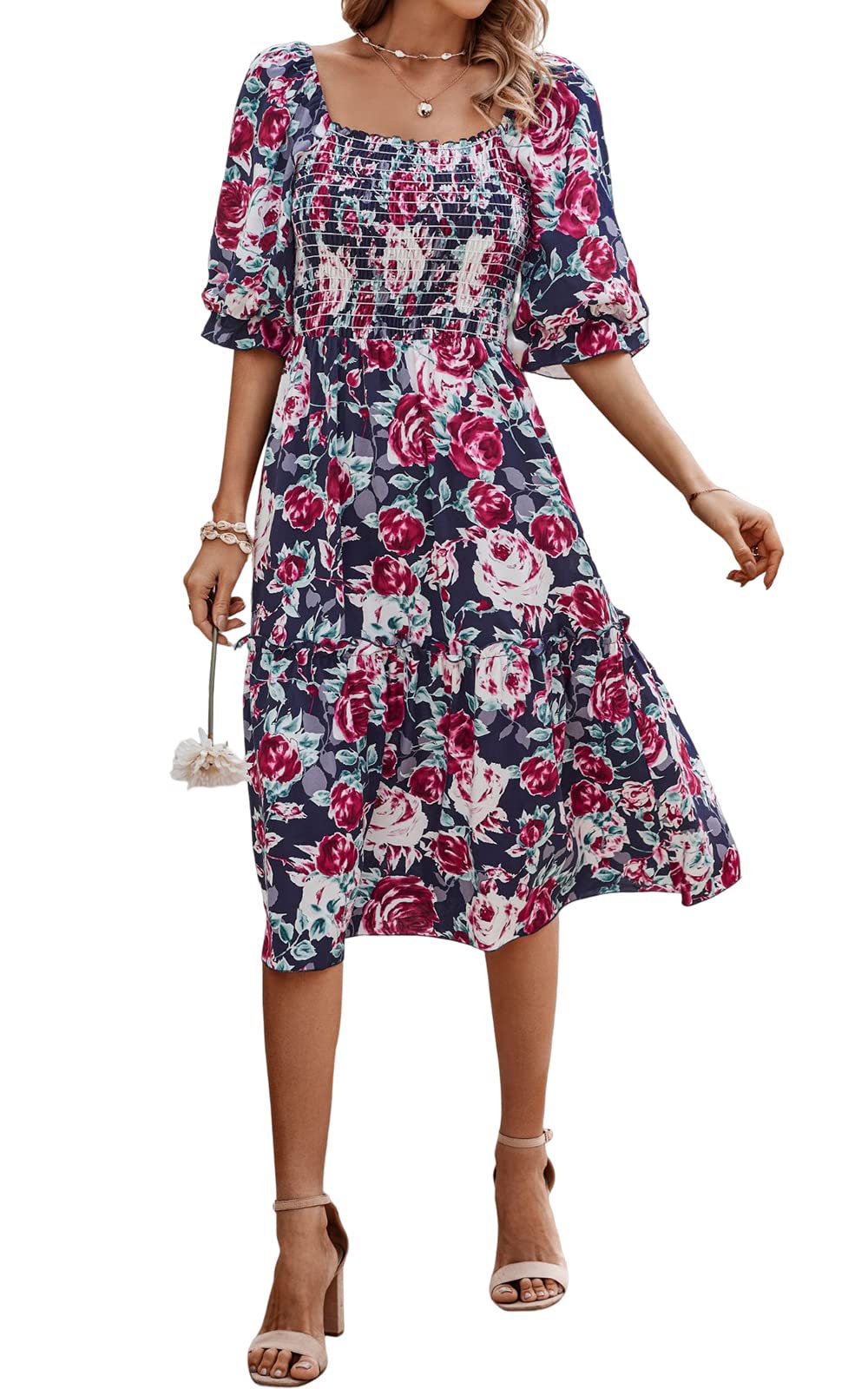 Boho Floral Dress with Puff Sleeves and Smocked Flowy Design