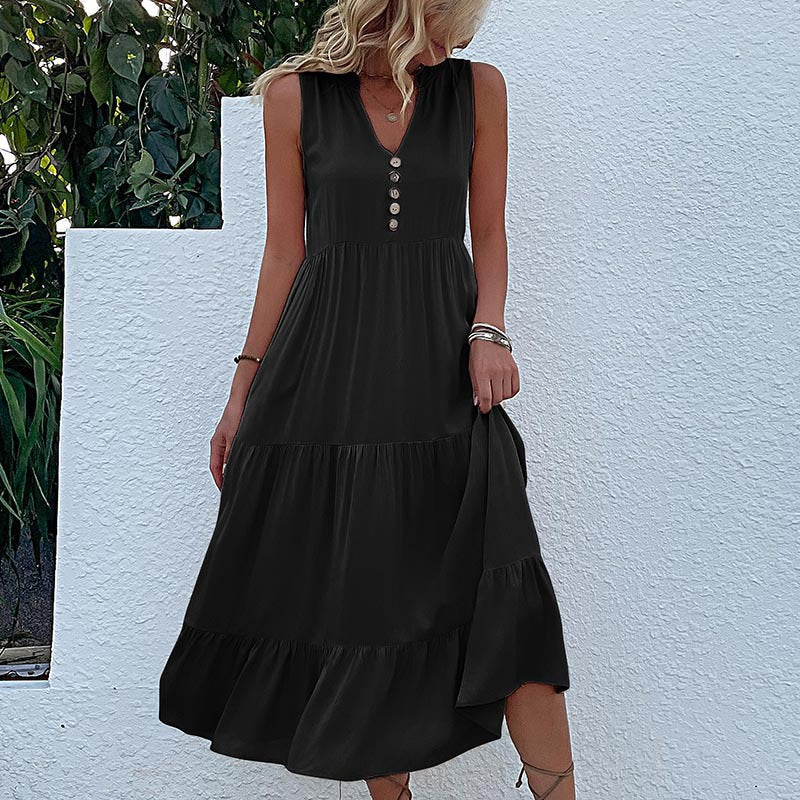 V Neck Button Layered Hem Smock Dress