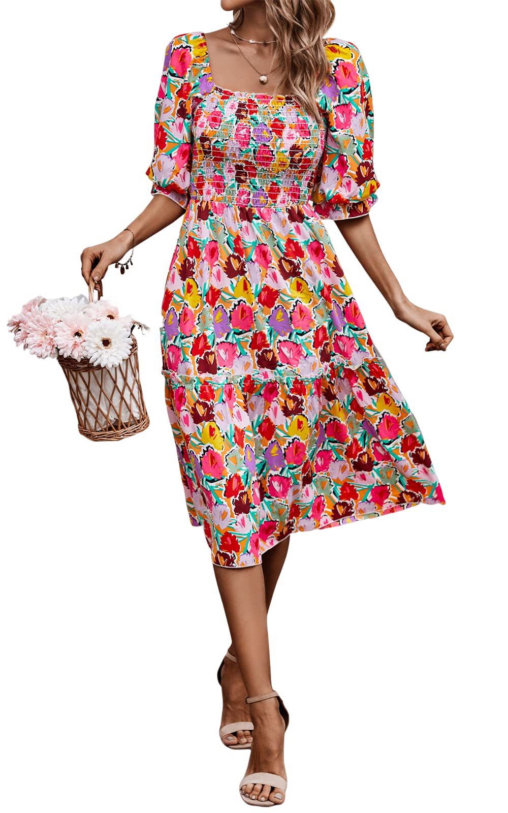 Boho Floral Dress with Puff Sleeves and Smocked Flowy Design