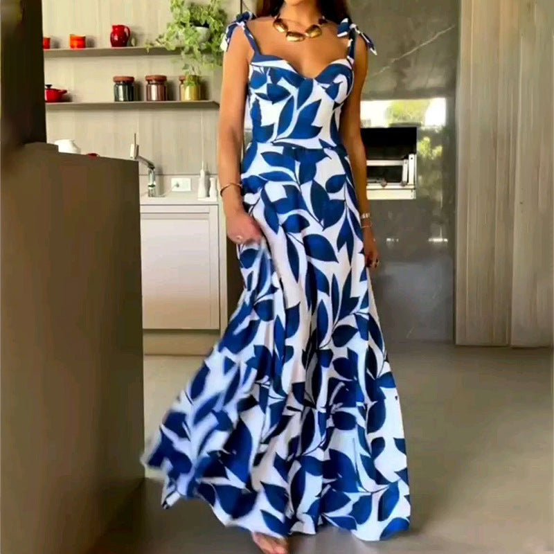 Blue Printed Long Dress with High Waisted Straps