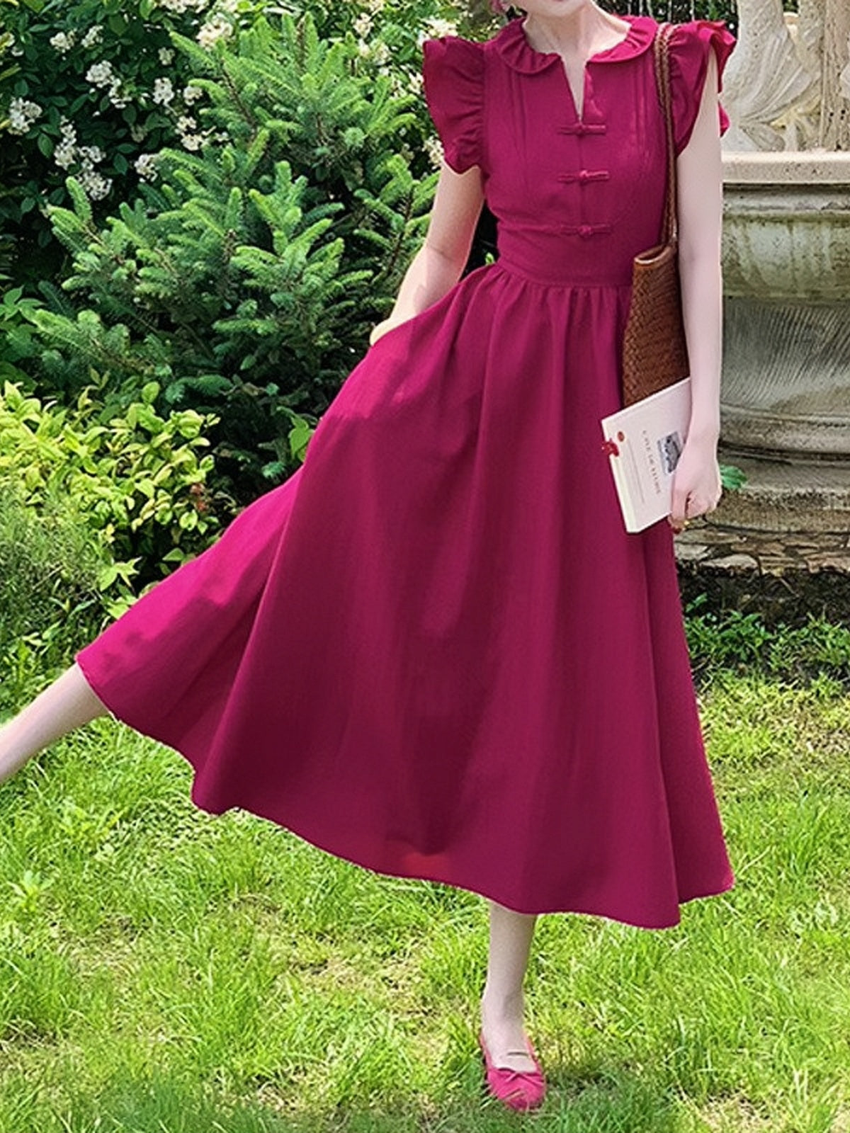 Raspberry Red Summer Dress with Flying Sleeves and Doll Collar