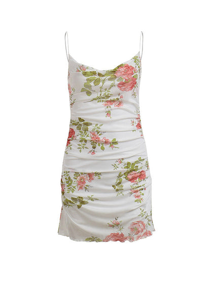 Vintage Floral Mesh Bodycon Dress with Ruched Detail