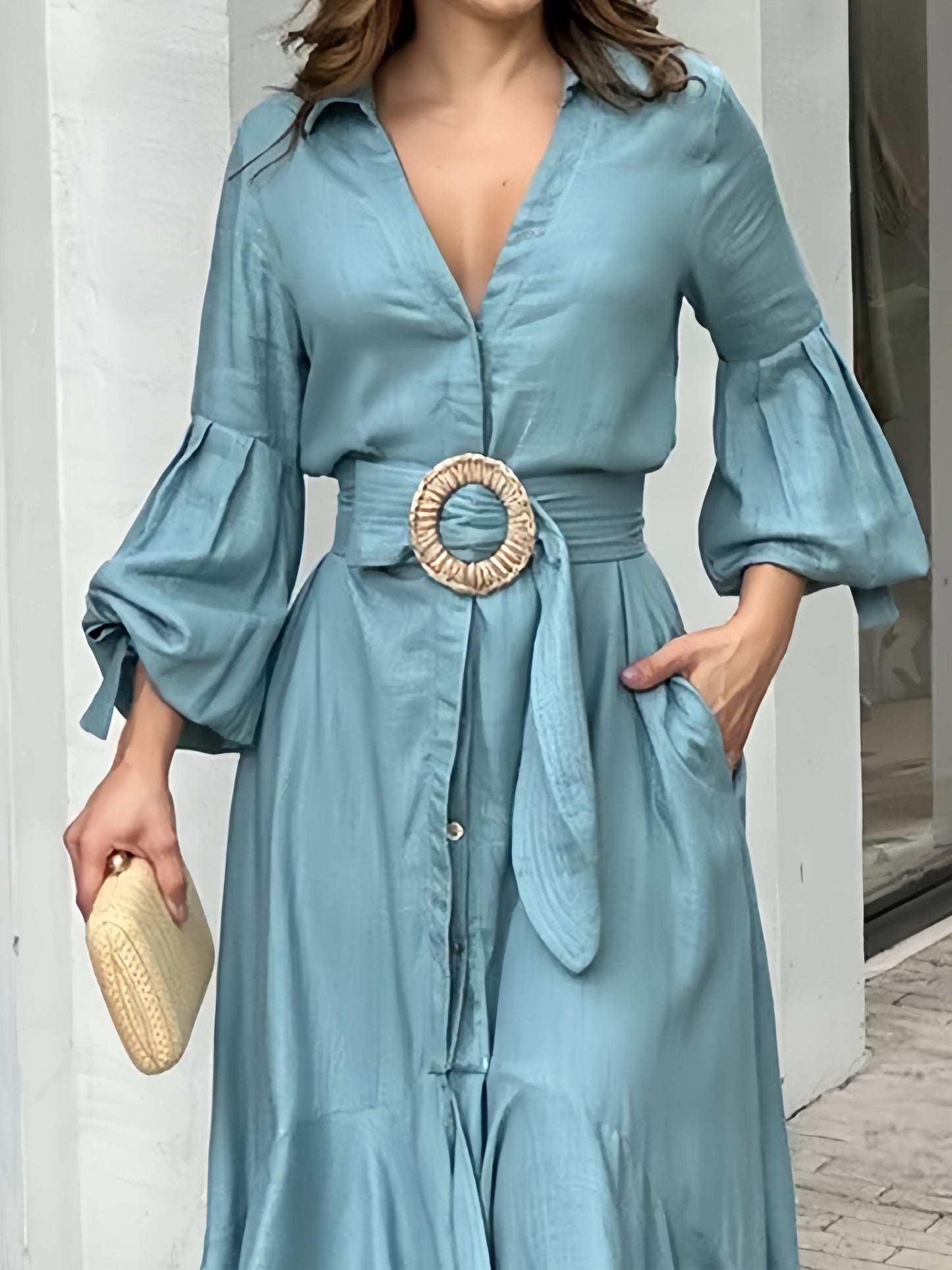 Ruffles Belt V Neck Dress with Long Sleeves