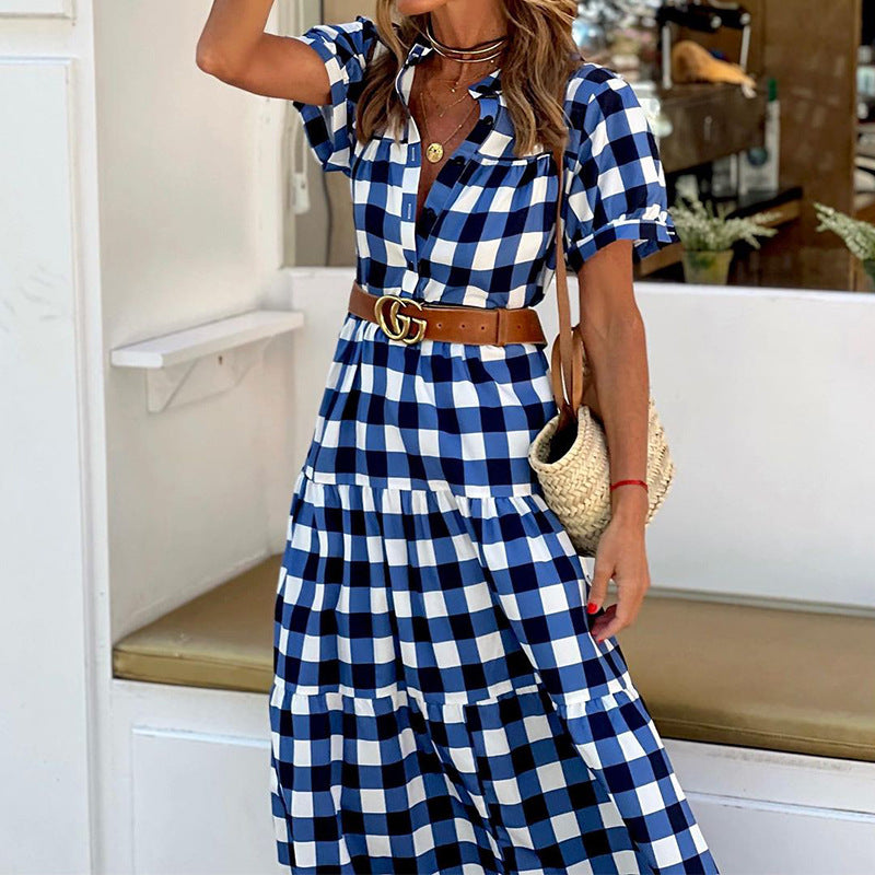 Blue Short Sleeve Button Dress