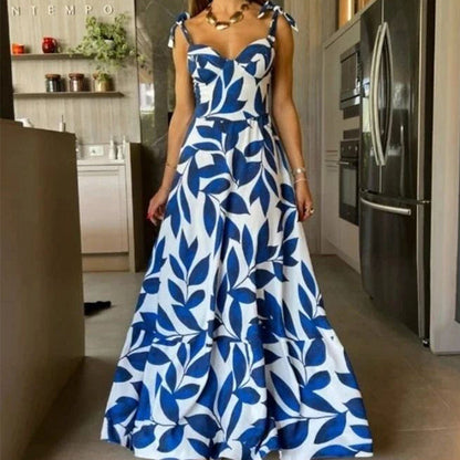 Blue Printed Long Dress with High Waisted Straps