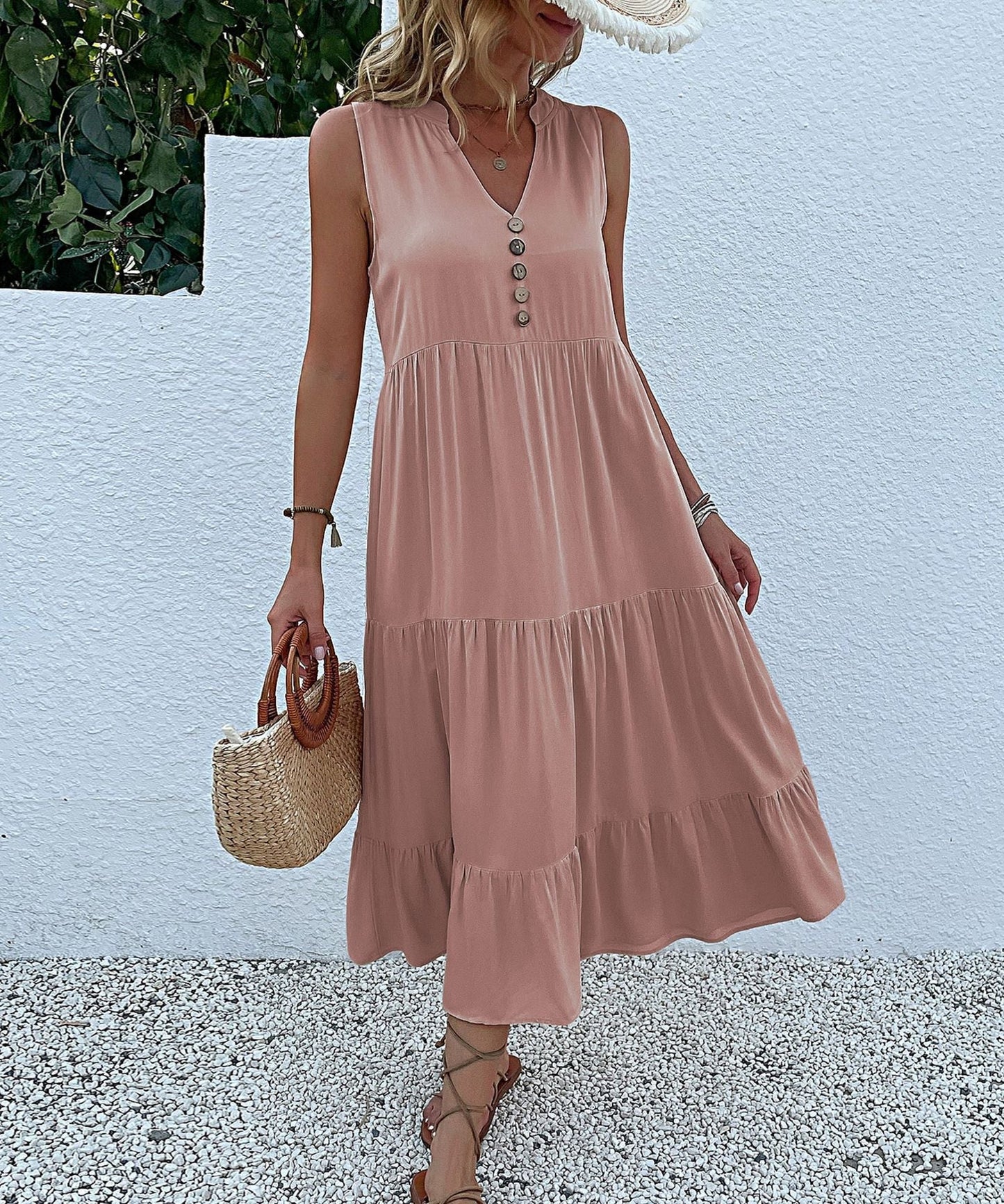 V Neck Button Layered Hem Smock Dress