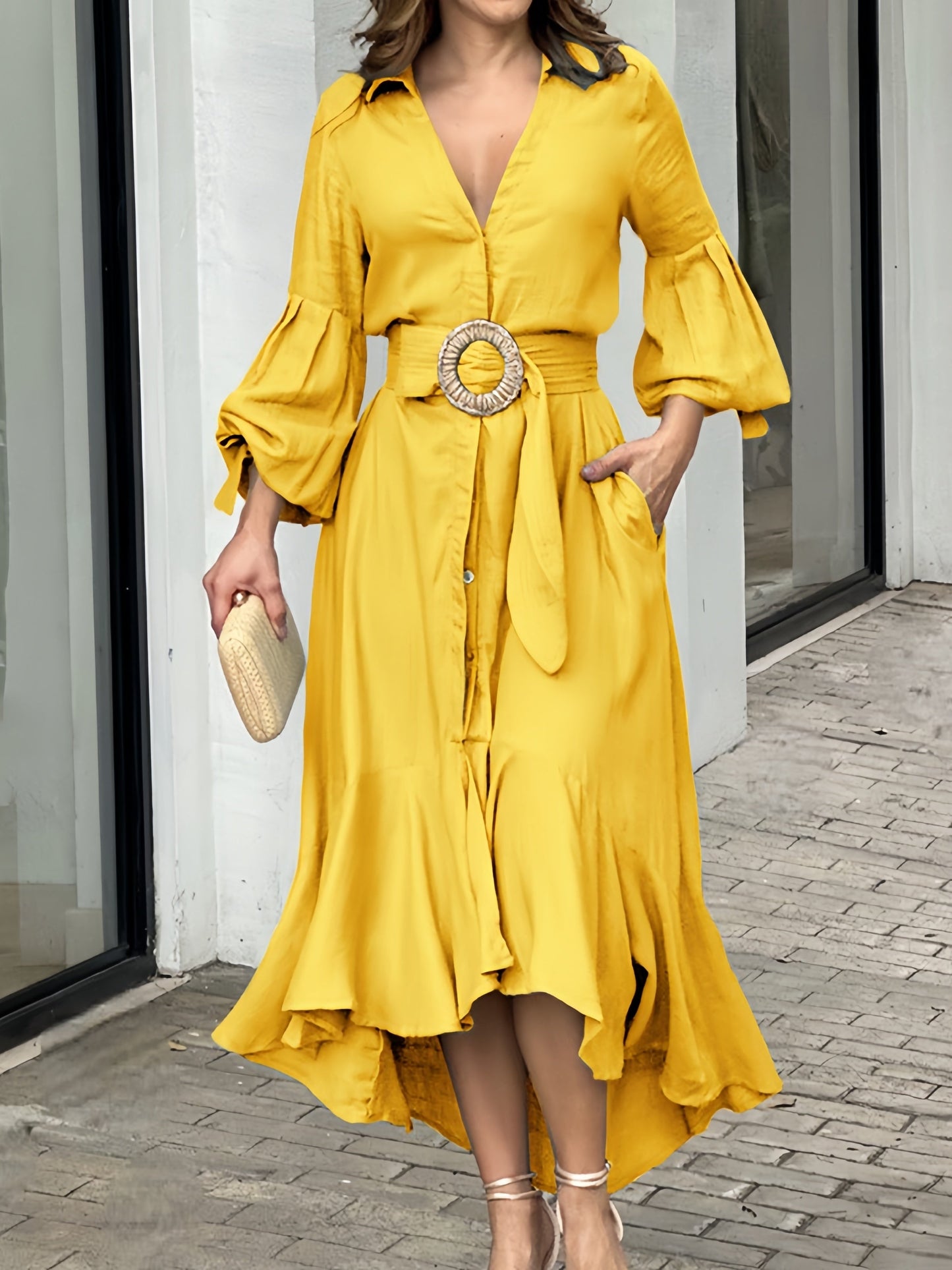 Ruffles Belt V Neck Dress with Long Sleeves