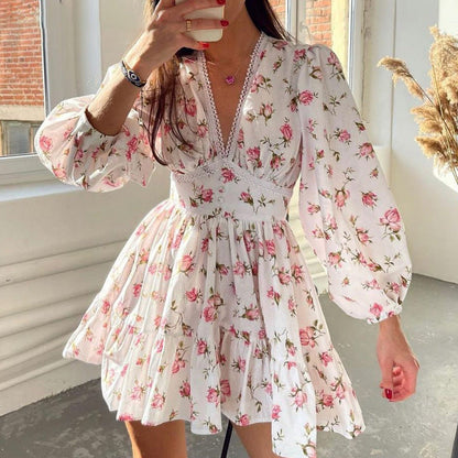 V Neck Long Sleeve Floral Print Dress