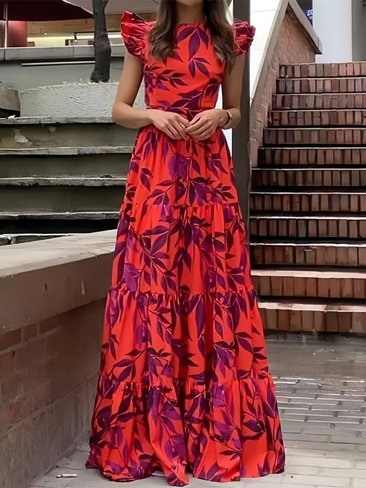 Ruffle Tiered Maxi Dress with Vibrant Foliage Pattern