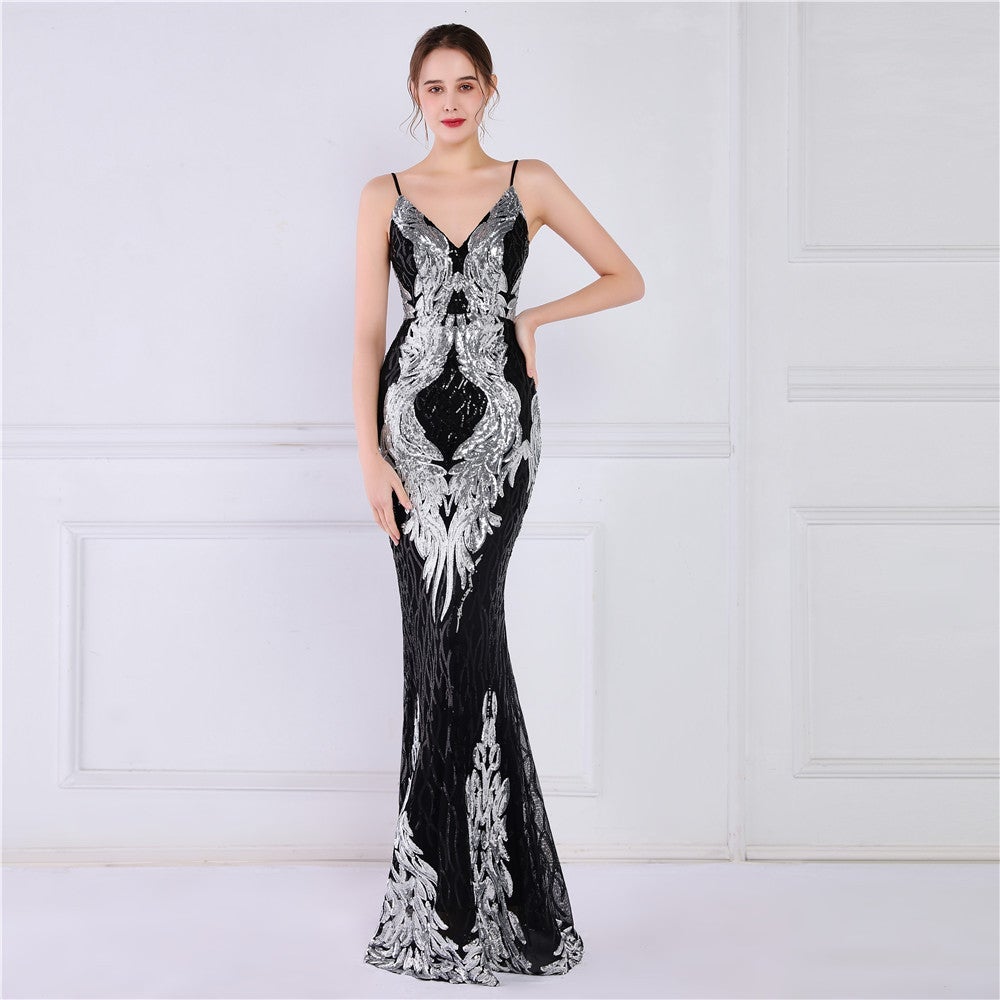 Wings Pattern Sequin Charming Mesh Strappy Gown