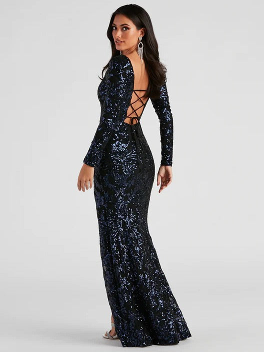 Backless Lace-Up Long Charming Sleeve Sequin Party Dress