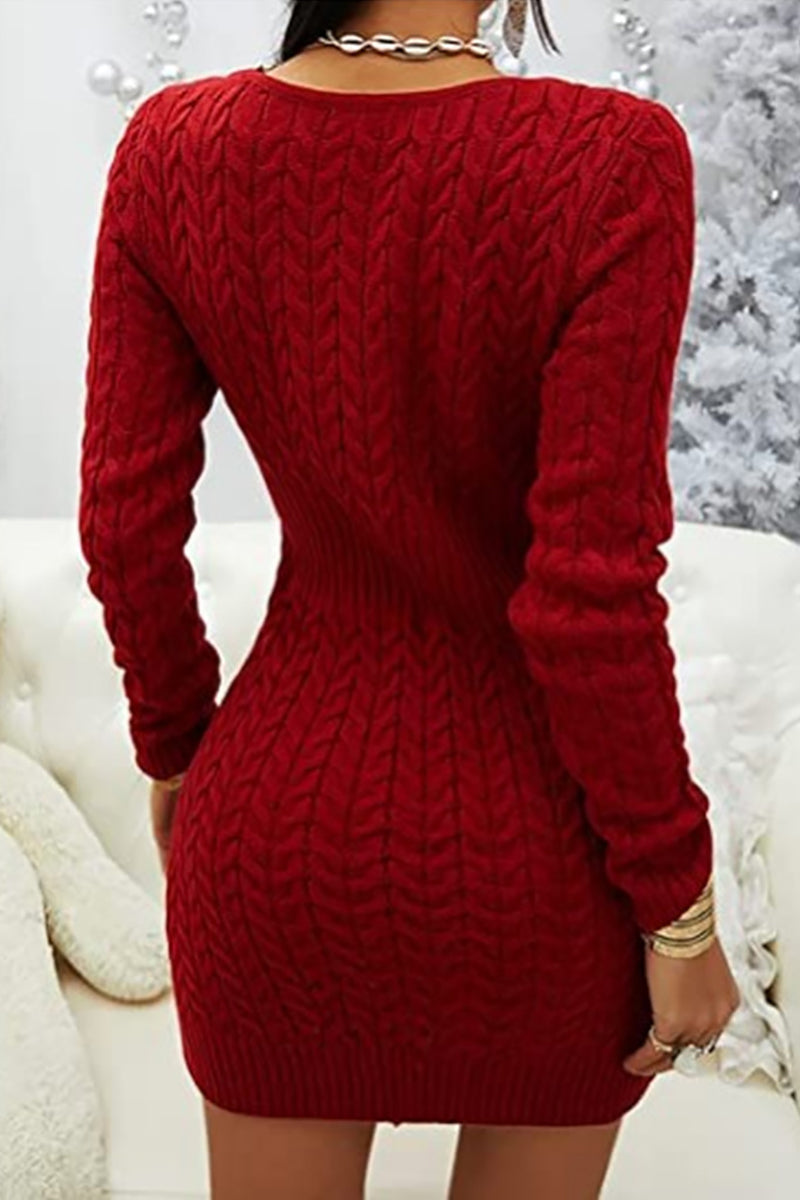 Zipper V Neck Bodycon Sweater Dress