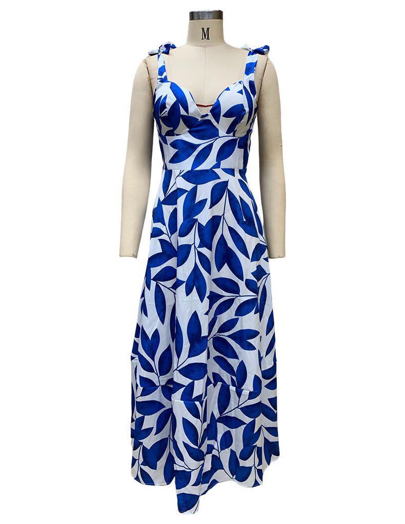 Blue Printed Long Dress with High Waisted Straps