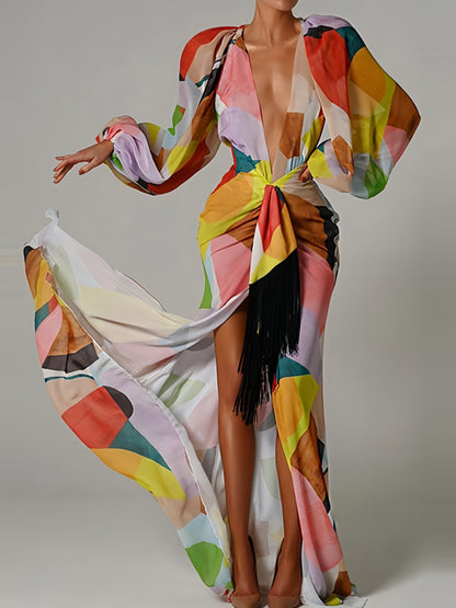 V Gown Arm Full-Length Long Colorful in Neck Patterned Design