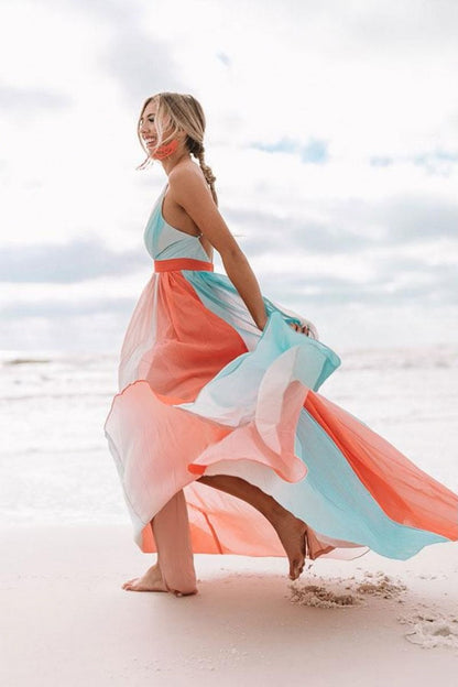 Rainbow Chiffon Maxi Beach Dress in Orange