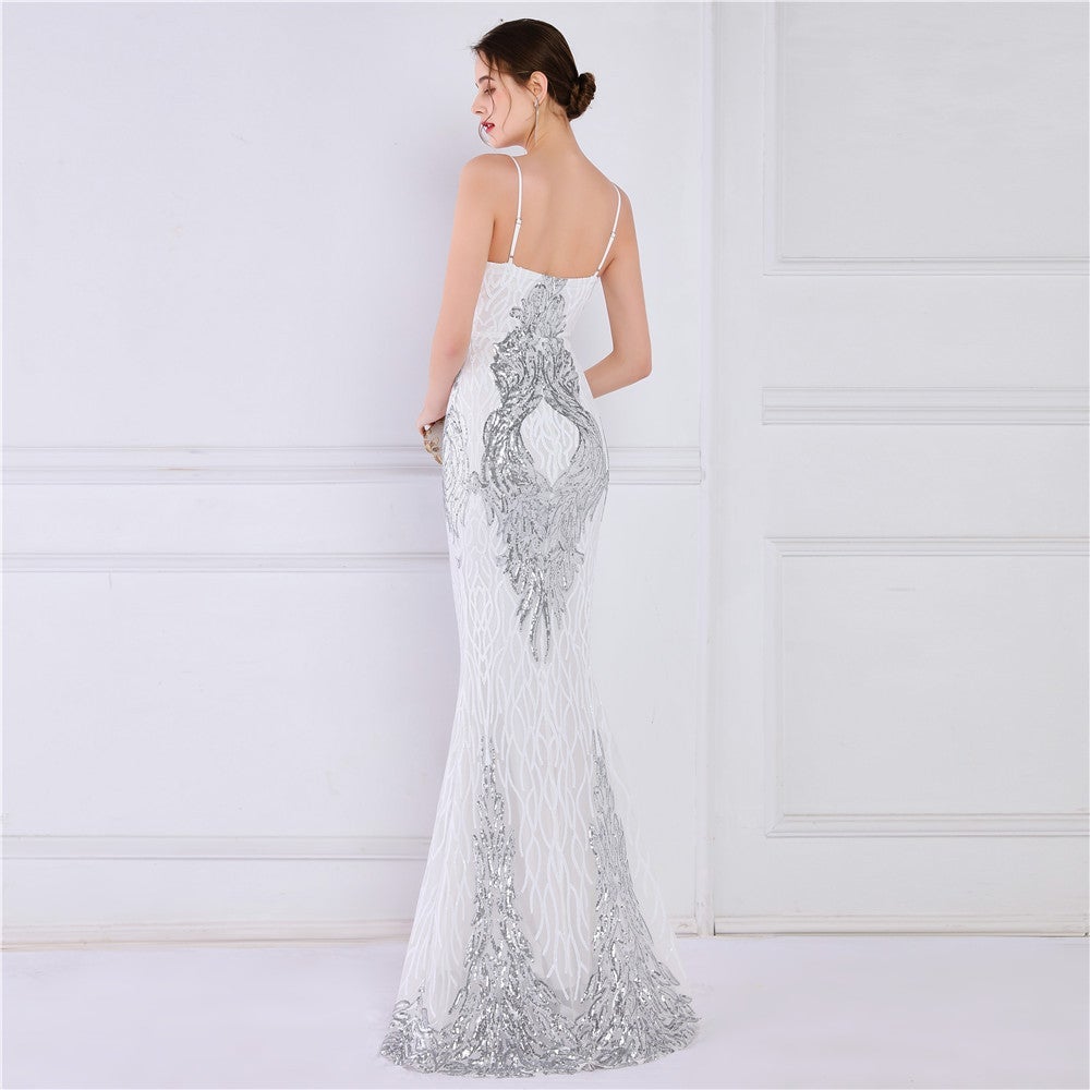 Wings Pattern Sequin Charming Mesh Strappy Gown