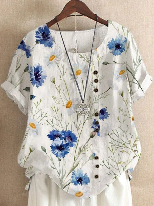 Blouse Casual for Fashion Loose Patterned Short-sleeved Retro Blouse Summer