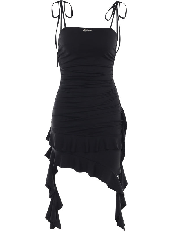 Slinky Ruffle Detail Midi Dress in Black