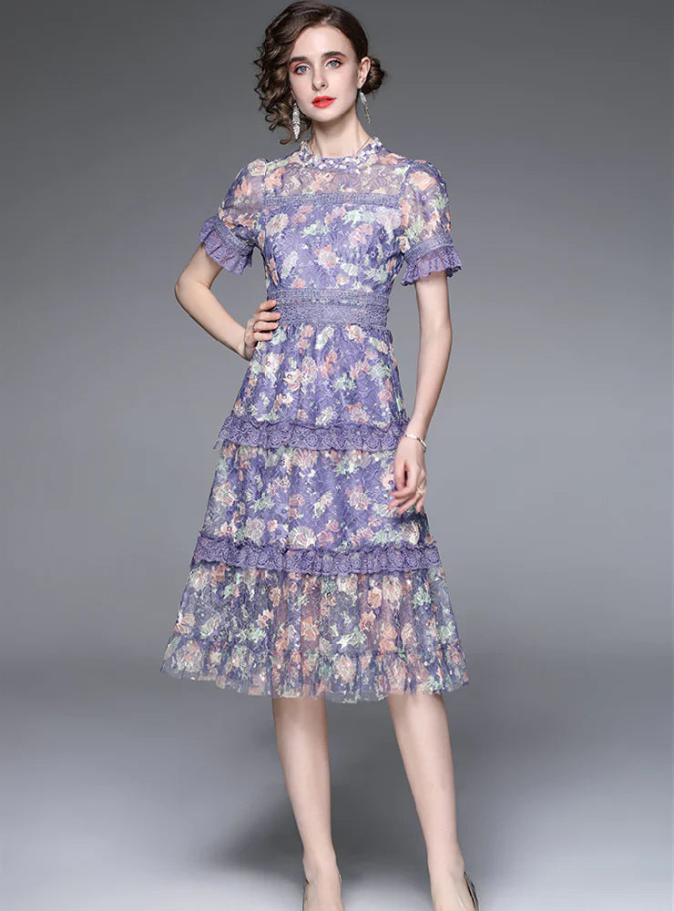 Short Sleeve Beaded Sequins Printed Dress