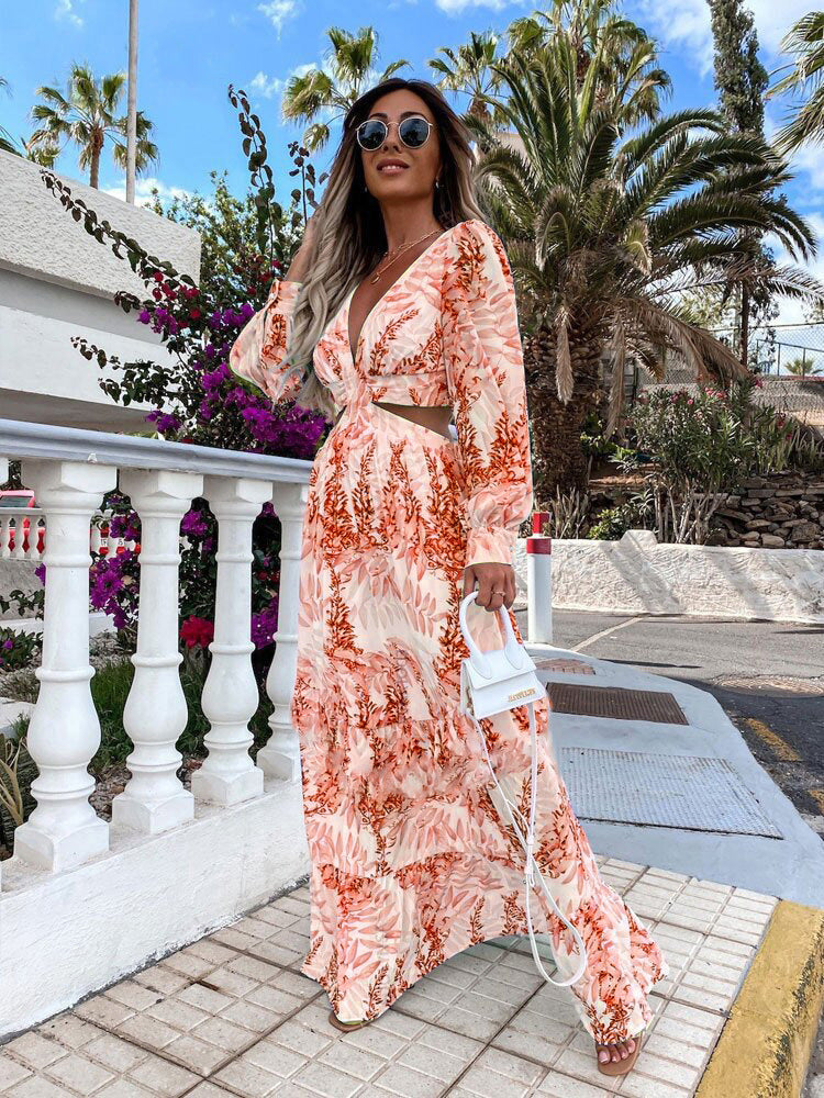 V-Neck Bachelorette Floral Print Maxi Dress with Long Sleeves