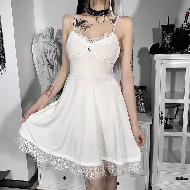 Lace Splice Backless Strap Mini Dress