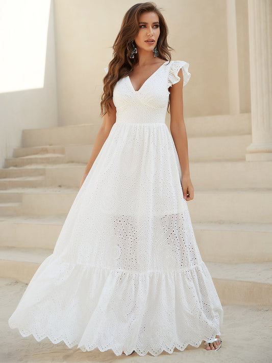 White Lace Dress with Backless Flounce Hem