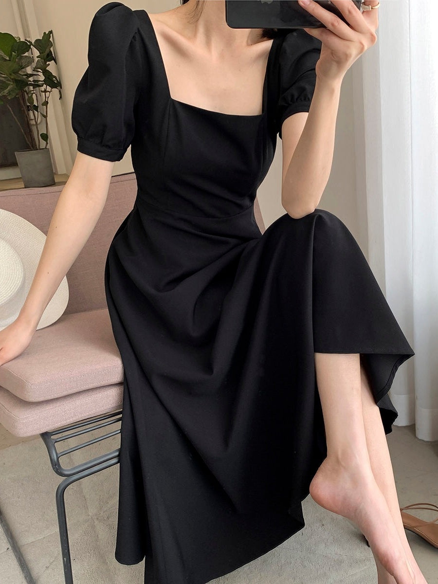 Black Square Neck Tea Length Dress