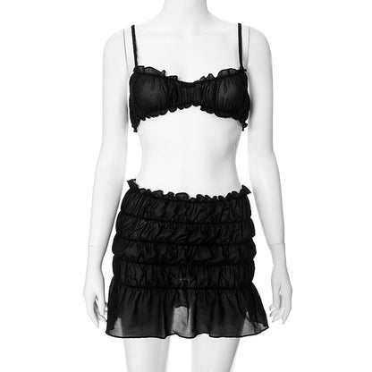 Ruched Bralette and Low Graceful Waist Mini Skirt Set